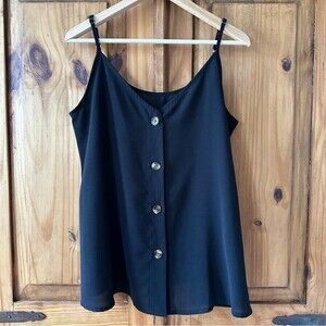 A-Line Black Button-Down Sleeveless Blouse Thin Straps Tank Top